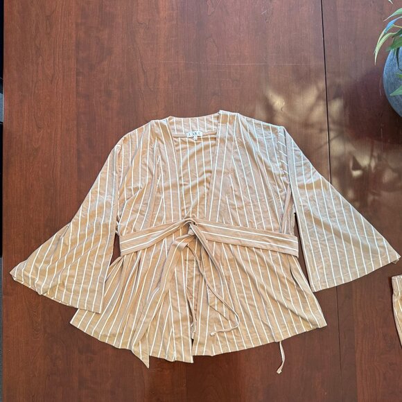 DreamModal Kimono Pajama Set in Tan and white Stripe - Picture 2 of 10